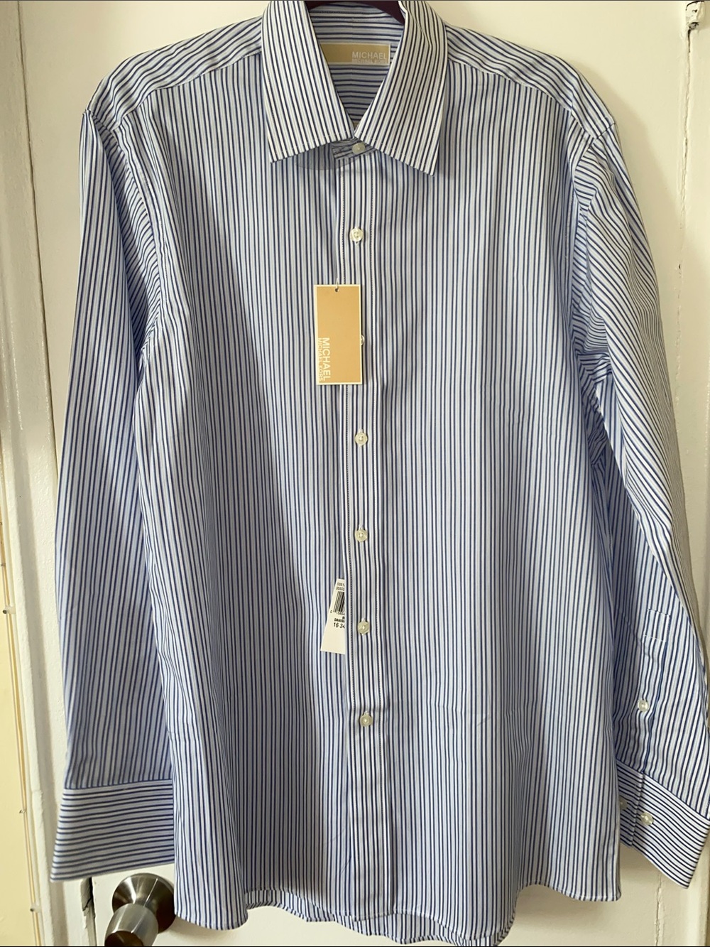 NWT Michael Kors Men’s 16 34/35 L White Shirt Blue & Navy Pinstripe Dress Shirt